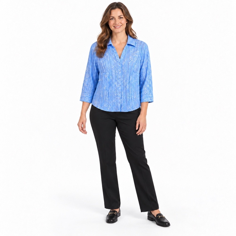 Croft & Barrow Womens XL Light Blue Crinkle Shiny Embroidery 3/4 Sleeve Blouse